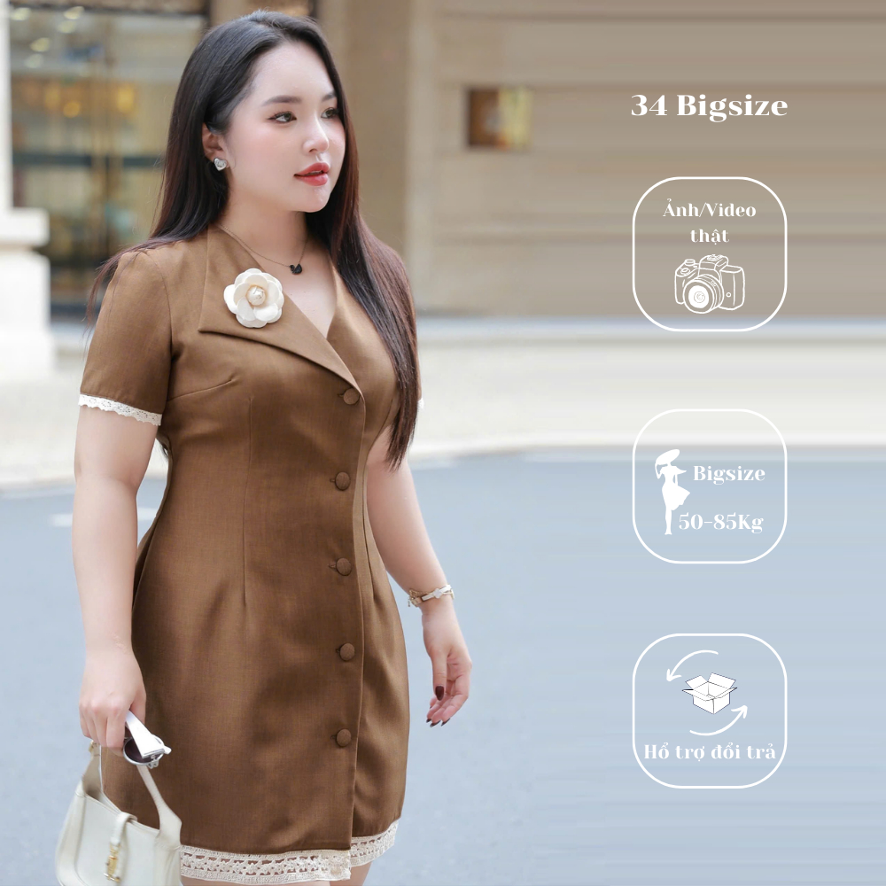 Đầm vạt xéo 34DA043 34 Bigsize, đầm ngăn bigsize cổ gắn hoa tay ngắn phù hợp đi chơi, đi tiệc
