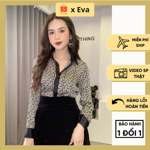 Áo sơ mi nữ lụa dài tay họa tiết kẻ phối viền tay, sơ mi họa tiết nữ thiết kế cao cấp