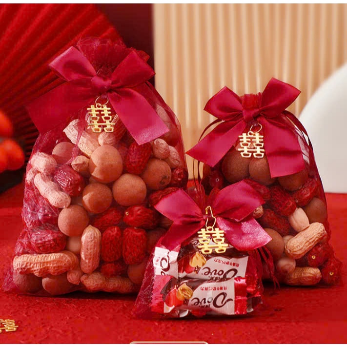 5 CÁI--Túi dây rút mini đựng quà cưới, trang sức, túi thơm, mỹ phẩm. TÚI VOAN ĐỎ CÓ NƠ--5 CÁI-