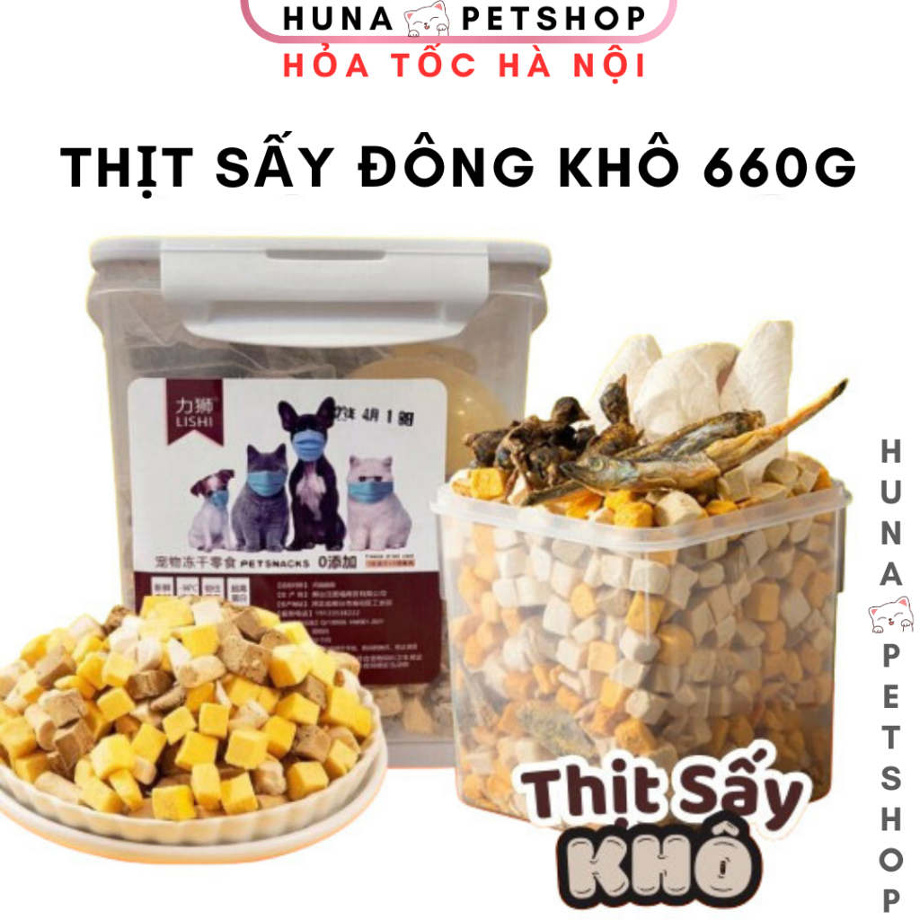 Hộp thịt sấy khô cao cấp Lishi mix hỗn hợp cho mèo - hỗn hợp đông khô cho chó mèo hộp 660g - Huna
