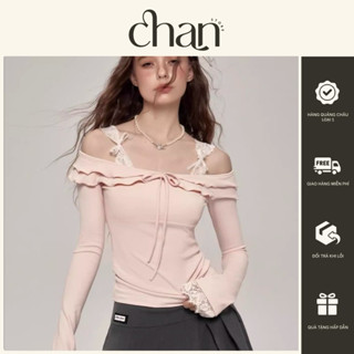 Áo kiểu dài tay chất thun lạnh trễ vai phối viền ren phong cách coquette