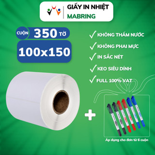 Giấy in nhiệt A6 cuộn 350 tờ 100x150mm MABRING, Giấy in đơn hàng, decal in nhiệt 3 lớp có sẵn keo dán tự dính chống nước