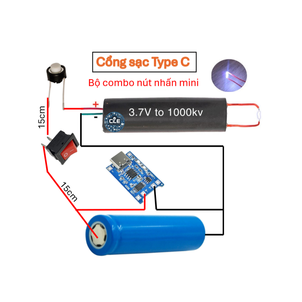 [Mini] Combo Kích Điện Cao Áp 4.2V-400KV/1000KV MINI Pin 18650 Mạch Sạc Type C Module Cao Áp 400KV/1