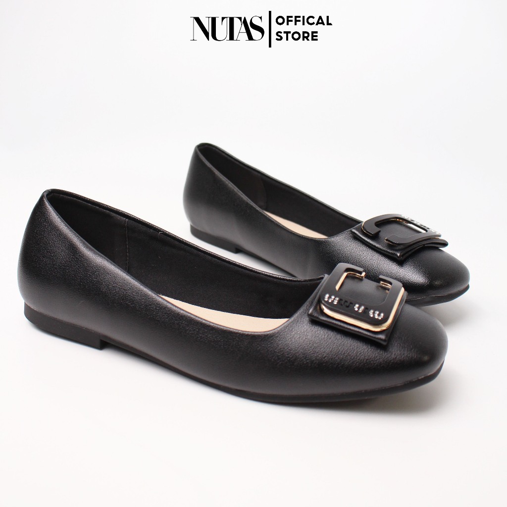 Giày Búp Bê Bệt Nữ Công Sở Đính Trang Trí Chữ C Đế 1p, Giày Mũi Vuông Đế Bằng Da Mềm Êm Chân NUTAS