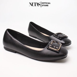 Giày Búp Bê Bệt Nữ Công Sở Đính Trang Trí Chữ C Đế 1p, Giày Mũi Vuông Đế Bằng Da Mềm Êm Chân NUTAS