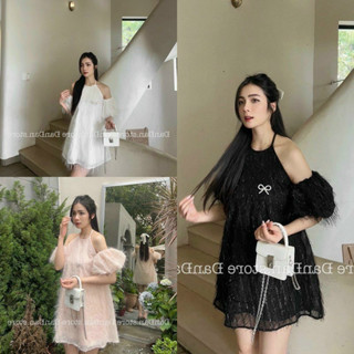 Đầm váy babydoll, cổ yếm, trễ vai, thời trang nữ dự tiệc chất lông vũ tay ngắn dáng váy dài xoè form rộng midi siêu xinh