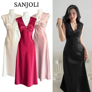 Váy Lụa Dáng Dài Cổ V SANJOLI Đầm Lụa Cột Nơ Tay Ngắn Form Dài -Sang Trọng VD011