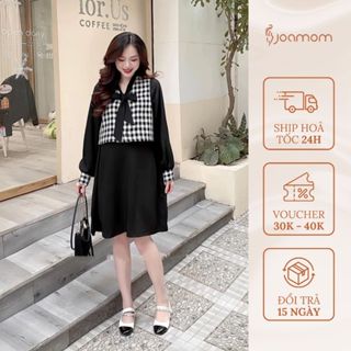 Váy Bầu Đầm Bầu Công Sở Joamom Thiết Kế Phối Kẻ Cổ Nơ Hàn Quốc - V181 