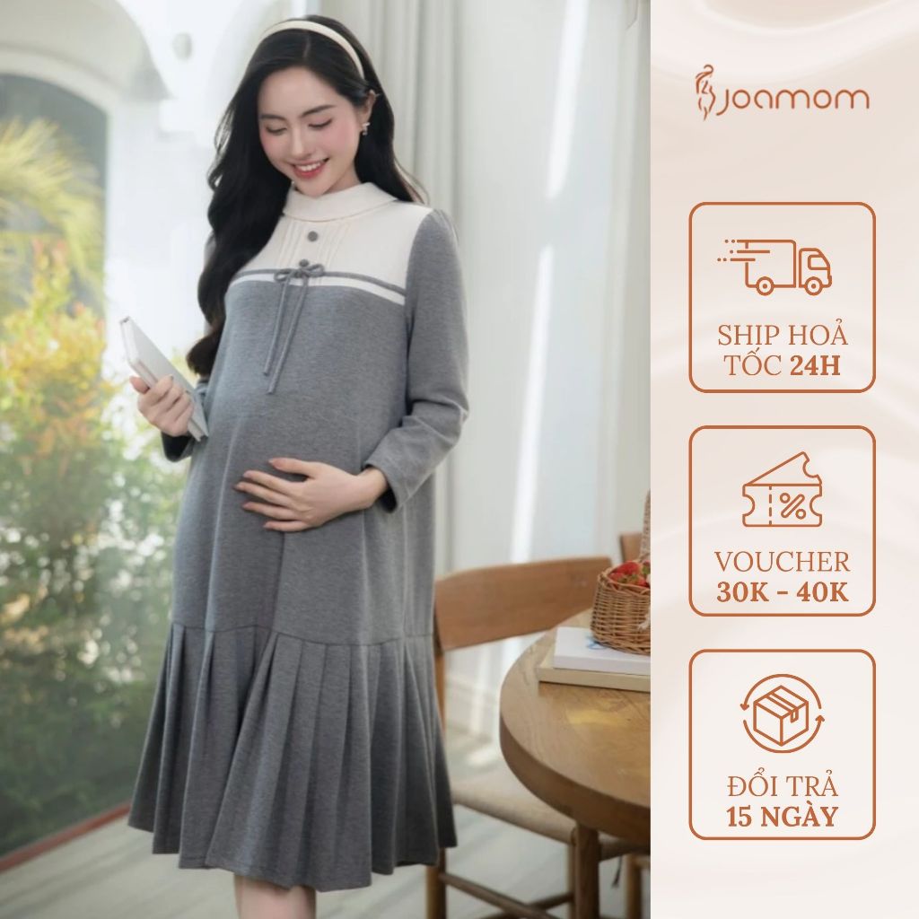  Váy Đầm Bầu Len Joamom Thu Đông Dáng Suông Len Lông Thỏ Xám Phối Kem Công Sở JVB0100 