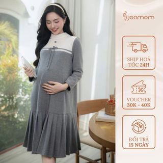 Váy Đầm Bầu Len Thu Đông Dáng Suông Gemi Len Lông Thỏ Xám Phối Kem Thiết Kế Joamom Công Sở JVB0100