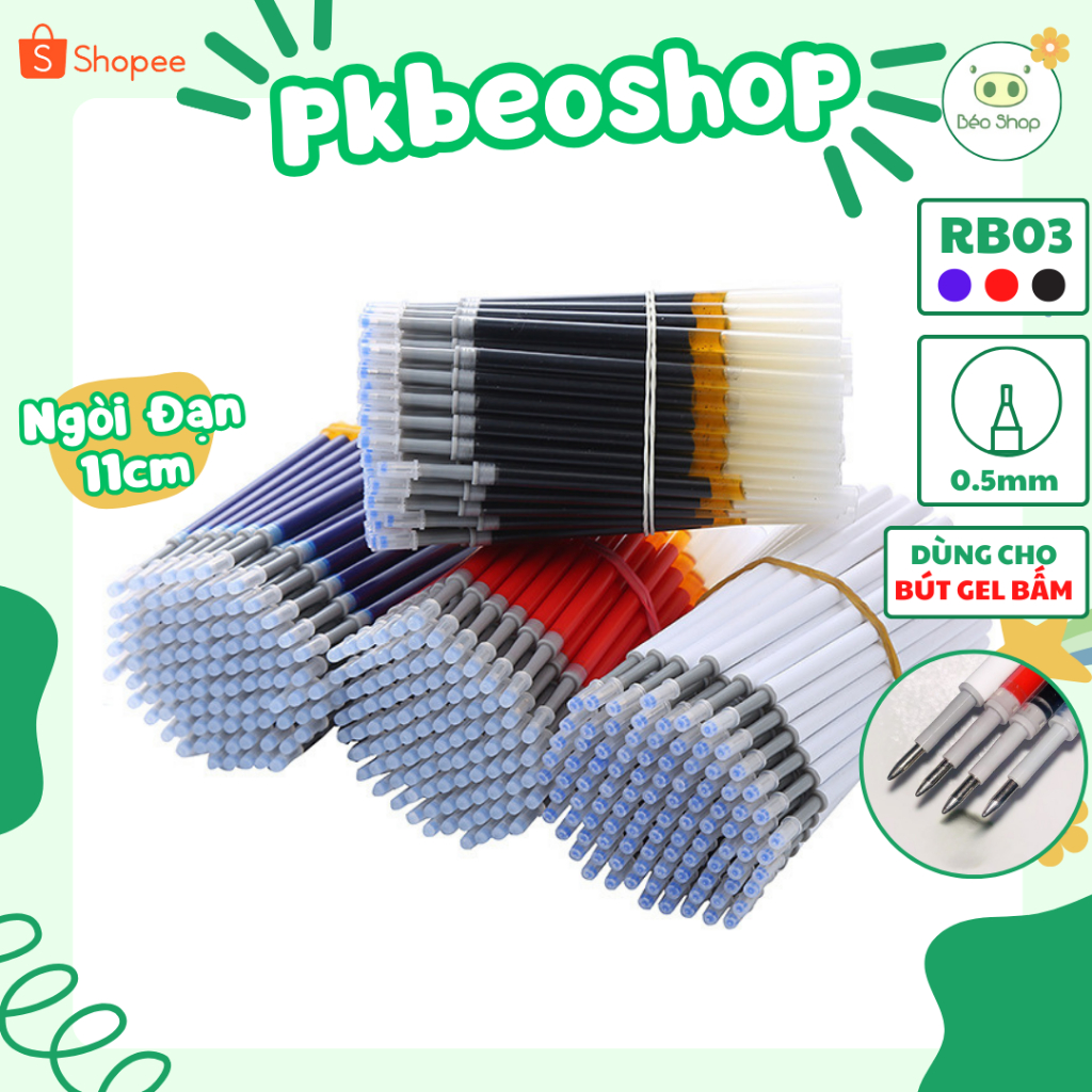  Ruột bút mực gel 0.5mm màu đen xanh đỏ Pkbeoshop 11cm ngòi đạn viết bi thay thế cho bút gel bấm RB03 
