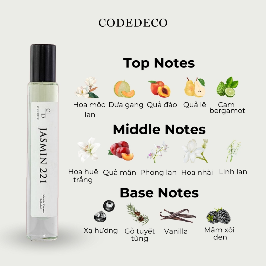 Tinh dầu thơm nữ CODEDECO Jasmin 221 10ml chai dạng lăn - Thanh lịch, Nhẹ nhàng, Sang trọng | BigBuy360 - bigbuy360.vn