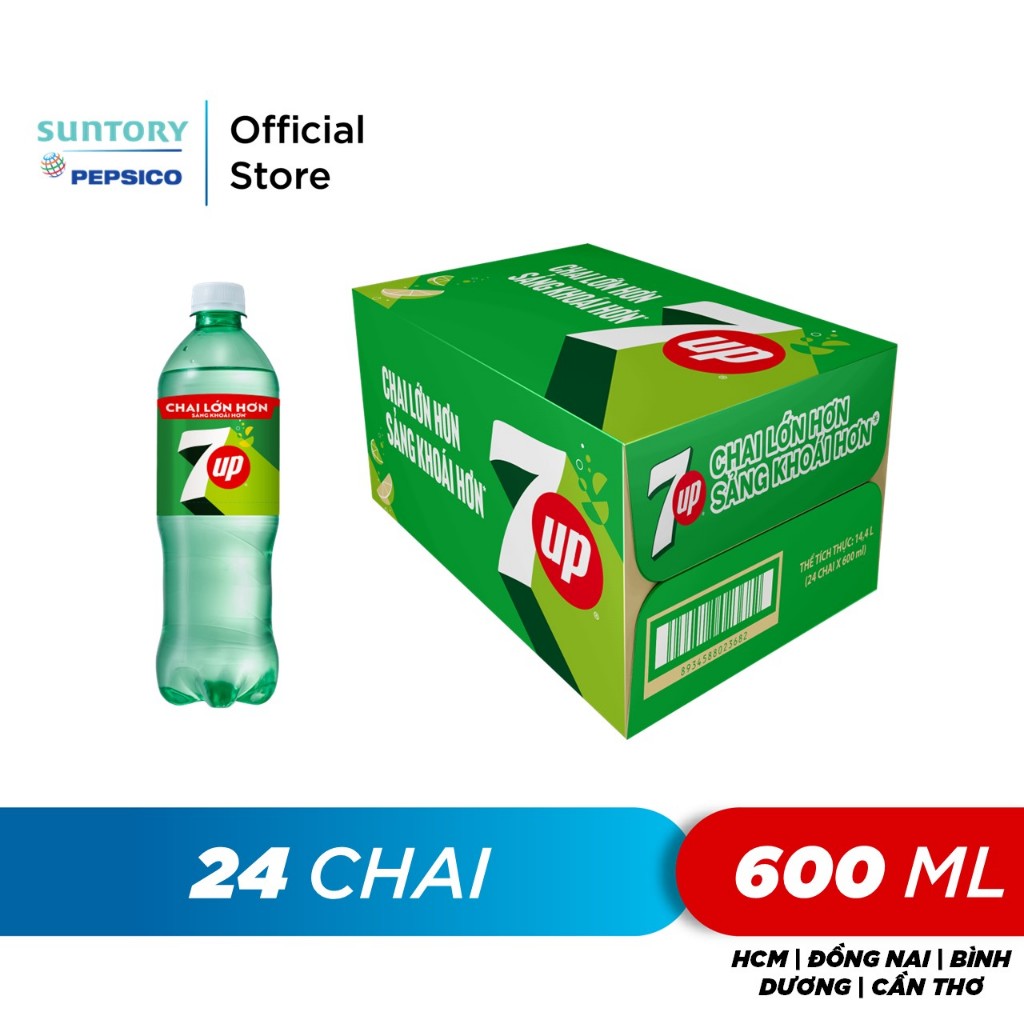 Thùng 24 Chai Nước Ngọt Có Gaz 7Up (600ml/chai)
