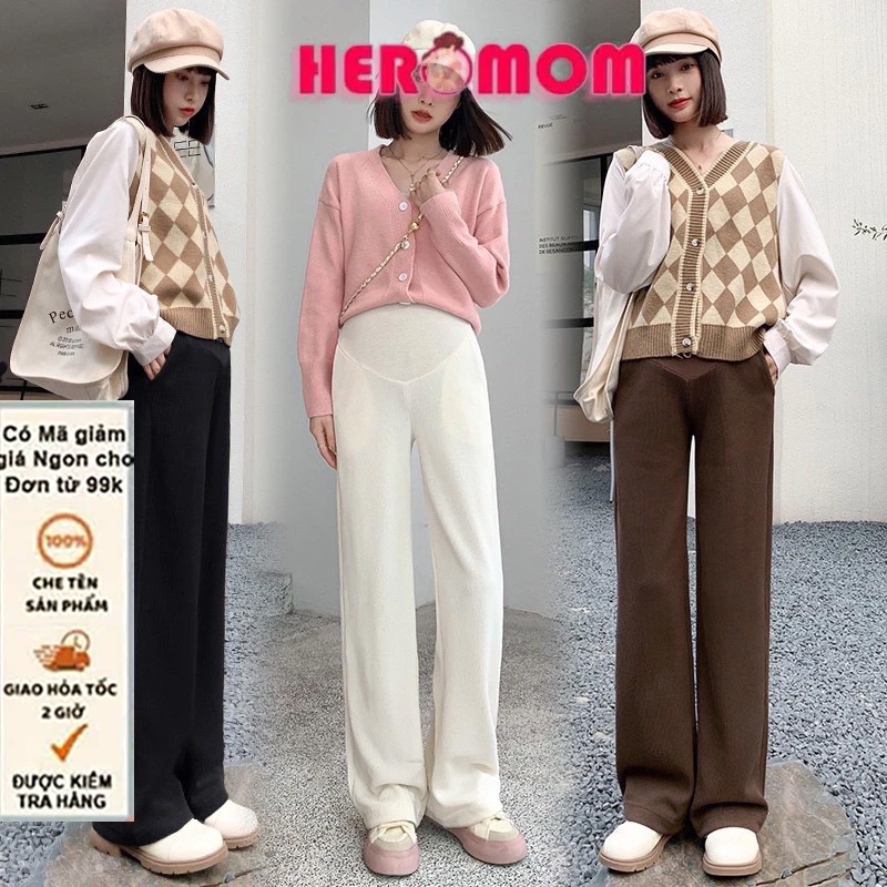 Quần bầu dài thu đông Nhung Tăm ống suông rộng công sở mềm mịn, có chun rút chỉnh bụng Heromom Store