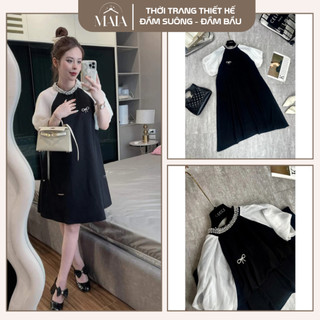  Váy bầu dự tiệc  đầm bầu thiết kế thời trang babydoll tay phồng cổ đá sịn xò kèm tag nơ xinh miễn chê 