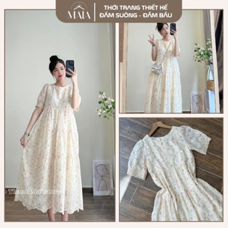 Đầm bầu thiết kế , váy bầu mùa hè dáng dài hoa nhí tay pha ren 2 lớp đi làm đi chơi đều phù hợp che khuyết điểm tốt