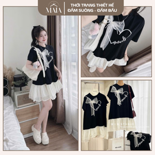  Đầm bầu xinh babydoll  váy bầu mùa hè thiết kế nơ nổi mix trái tim in cao cấp phối ren bèo tiểu thư sang chảnh 