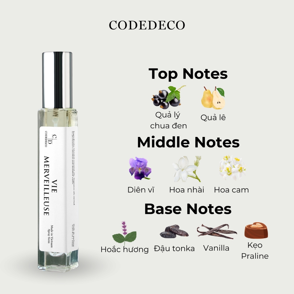 Tinh dầu thơm nữ CODEDECO Vie Merveilleuse 10ml dạng xịt - Nhẹ nhàng, Tinh tế, Ngọt ngào | BigBuy360 - bigbuy360.vn