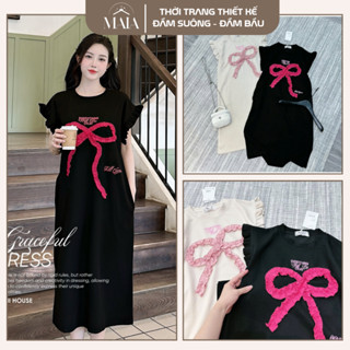 Đầm bầu maxi thiết kế , váy bầu dáng dài mùa hè tay cánh tiên mix nơ hồng nổi che khuyết điểm chất thun mì cao cấp