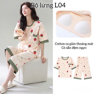 Đồ bộ đồ mặc nhà nữ có sẵn đệm ngực mùa hè quần lửng vải cotton co giãn thoáng mát đồ bộ quần đùi may sẵn mút ngực