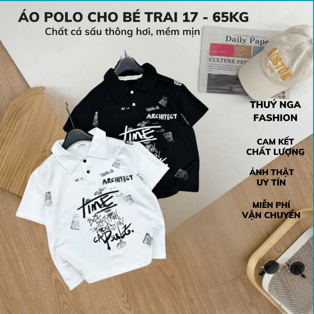 Áo Polo Bé Trai In Chữ TIME 17-65kg | Áo Thun Cá Sấu Mềm Mịn, Thoáng Mát | Màu Đen Trắng