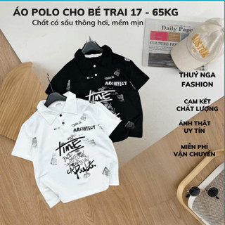 Áo Polo Bé Trai In Chữ TIME 17-65kg | Áo Thun Cá Sấu Mềm Mịn, Thoáng Mát | Màu Đen Trắng