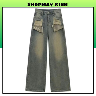 Quần bò jeans nữ ống rộng phối túi thêu chữ kaka quần bò denim ống rộng suông cạp cao hách dáng