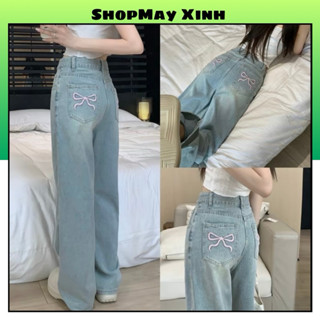 Quần Jeans Nữ Ống Rộng, Quần Bò Nữ Ống Rộng Hoạ Tiết Nơ,Quần bò ống rộng suông dáng dài phong cách Ulzzang