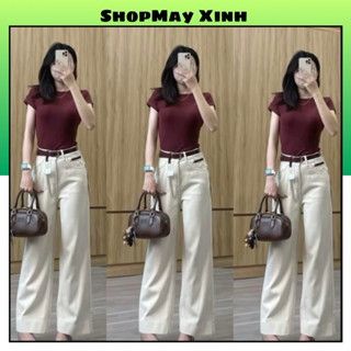  Quần jean suông màu Trắng màu Be dáng dài hai túi trước cho nữ Pants Women 