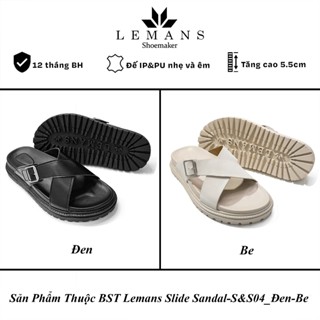 Dép nam SLIDE SANDAL S&S04 LEMANS - Đen&Be quai chéo, đế 2 lớp cao 5.5cm, mũ may 3 lớp, Bảo hành chính hãng 12 tháng