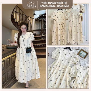 Đầm bầu babydoll hoa nhí , váy bầu xinh mùa hè chất thô mềm sịn xò họa tiết nơ xinh xắn phong cách tiểu thư nhẹ nhàng