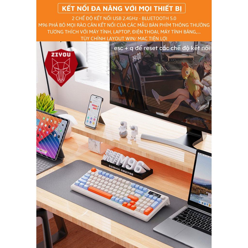 Bộ Bàn Phím Và Chuột Bluetooth Không Dây Ziyou M96 Gaming LED Màn Hình Núm Xoay Kết Nối Đa Năng | BigBuy360 - bigbuy360.vn