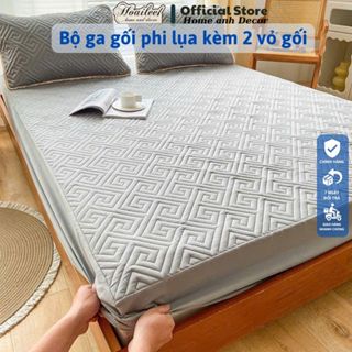 Bộ ga gối trần bông bo chun phi lụa cao cấp, Set 3 món ga trải giường chun trần bông cao cấp chất liệu phi lụa mềm mại