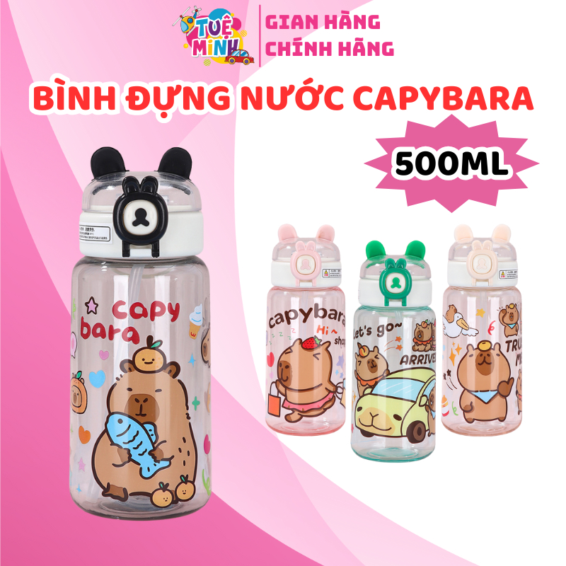 Bình đựng nước CAPYBARA 500ml cho bé, bình nước cute đi học cho bé trai và bé gái