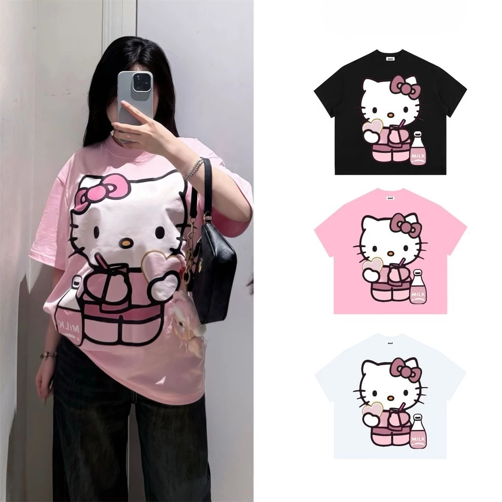 Áo Thun Ngắn Tay Nam Nữ HELLO KITTY MILK, Áo Cộc Tay Chất Cotton Thoáng Mát Cute  2025