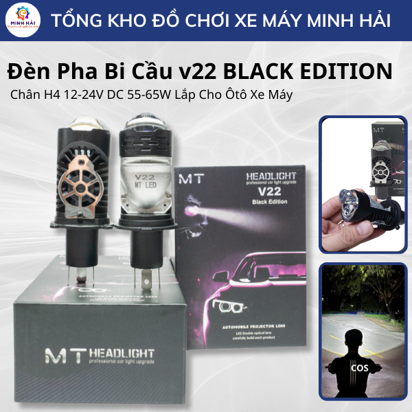 Đèn Pha Bi Cầu V22 Chân H4 TẶNG KÈM BÓNG HẬU, Điện Áp 12-24v DC 55-65w Chất Liệu Hợp Kim Nhôm