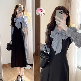 Váy thiêt kế phối kẻ nơ cổ viền bèo dài tay xixeoshop-V92