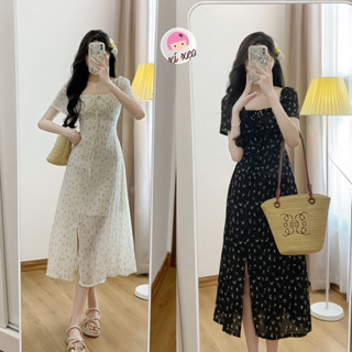Váy cổ vuông hoa nhí  nơ ngực chun sau xẻ tả dáng dài tiểu thư xixeoshop - V263
