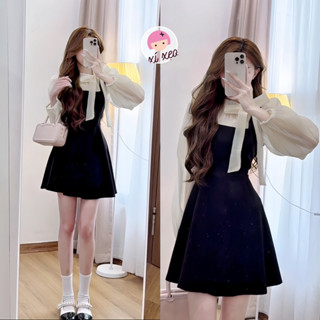 Váy chéo ý phối tơ tay bồng buộc nơ cổ tiểu thư Hàn Quốc xixeoshop -V45