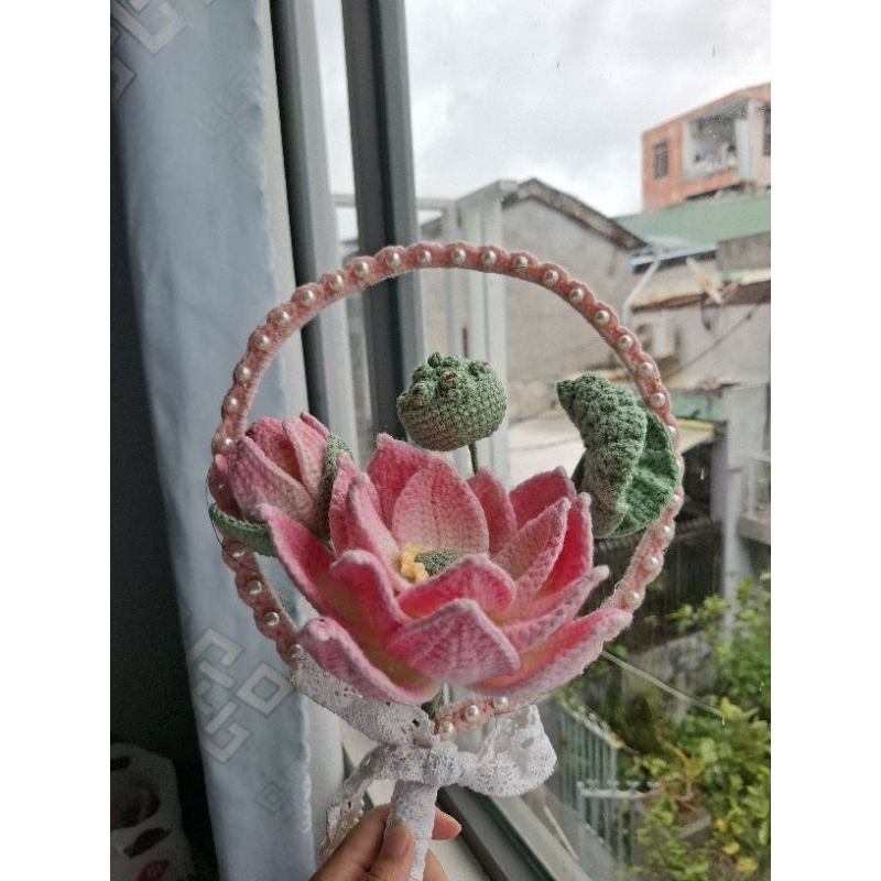 Bó hoa sen - Hoa cưới bằng len sợi Milk cotton (Hàng order trước)