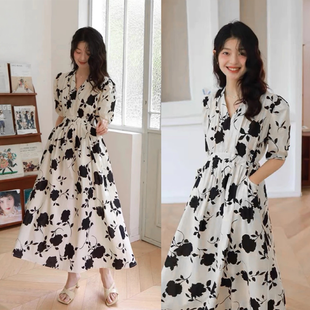 Đầm Midi Lụa Cổ V Tay Bồng 2 Màu Hoa Siêu Sang A1489 - Thời Trang Cao Cấp