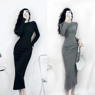 Đầm body thun nhún eo 2 bên dài tay 2 màu basic cho các nàng A1808