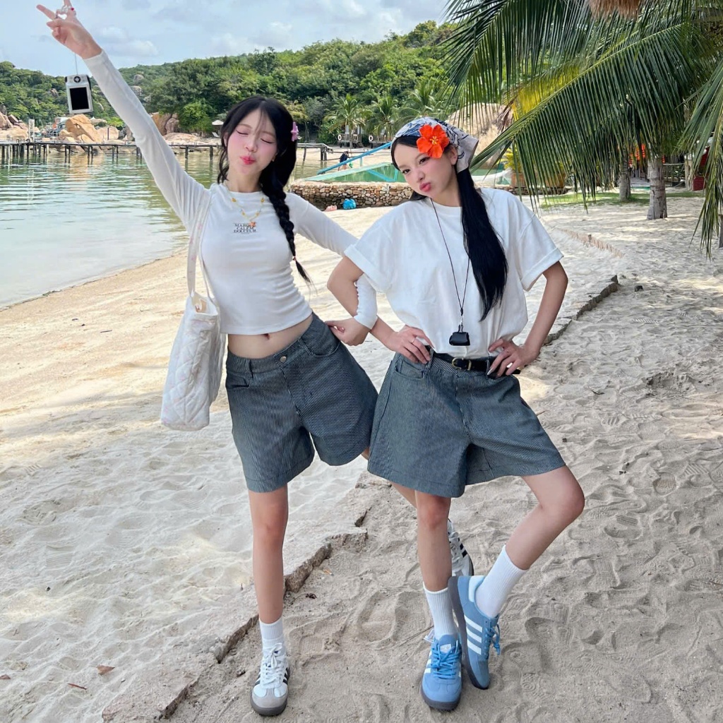 Quần Short Kaki Kẻ Sọc Navy Shorts Calem.Club mùa hè năng động dành cho nữ | BigBuy360 - bigbuy360.vn