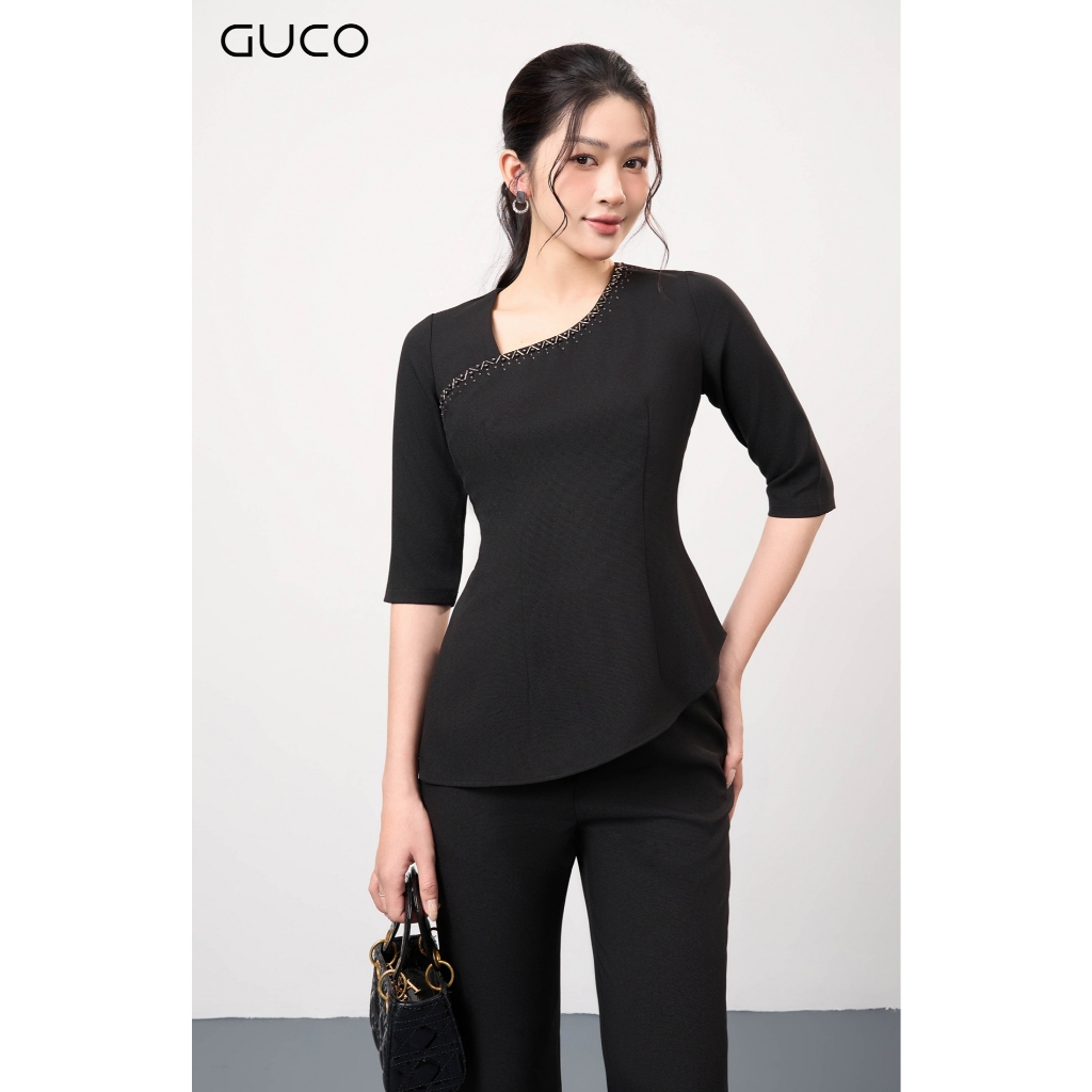 GUCO - Áo Công Sở Cổ Chéo Kết Đá - Đen A584