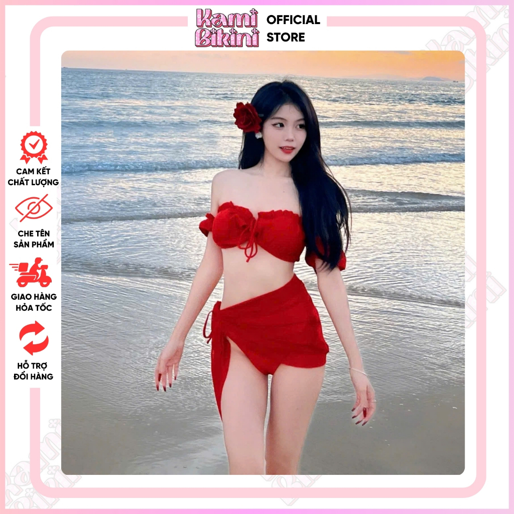 Bikini đi biển tay phồng trễ vai dây buộc màu đỏ sexy . Đồ bơi nữ đi biển quyến rũ sẵn đệm mút fs <55kg - Mã H15 | BigBuy360 - bigbuy360.vn