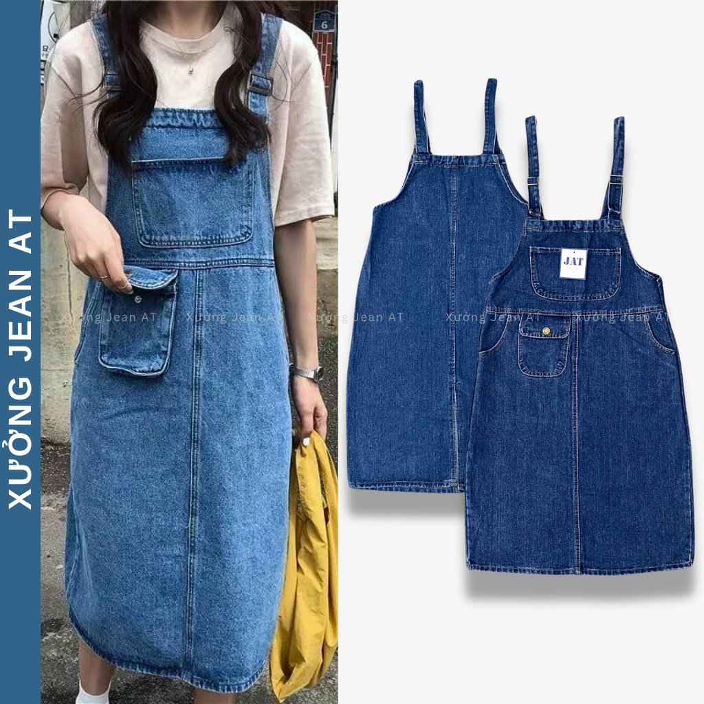 Yếm Váy Jean Nữ Chất Bò Form Dài Phối Túi Lớn Trước Ngực, Yếm Bò Nữ Phong Cách Hàn Quốc 2024 412