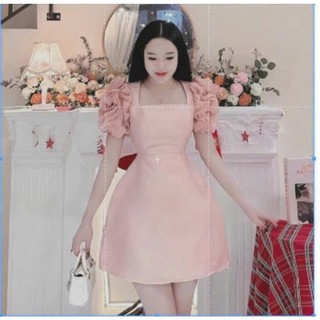 Váy đầm thời trang nữ dự tiệc chất tapta cổ vuông tay phối nơ hoa bo eo dáng xoè midi trẻ trung sang chảnh