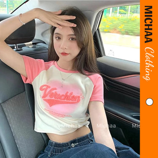 [Xả Hàng] Áo Croptop VERICHTEN Tim Hồng Tay Ngắn Ôm Body, Áo Thun Croptop Cổ Tròn In Vạt Bầu Rorip MICHAA CR180