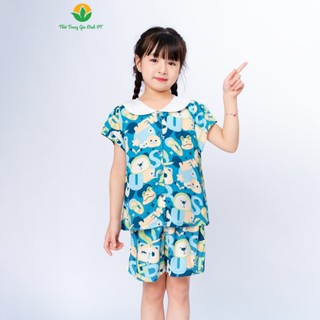 Bộ lanh bé gái thời trang Việt Thắng quần đùi áo cộc tay cổ vải phối - B63.5035