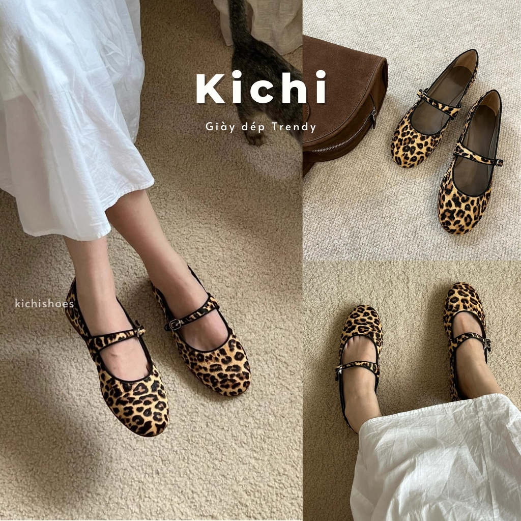 Giày mũi tròn da báo 𝗞𝗜𝗖𝗛𝗜 Giày búp bê nữ da hoa tiết vằn đế bệt chất da mềm êm chân dáng bale style
